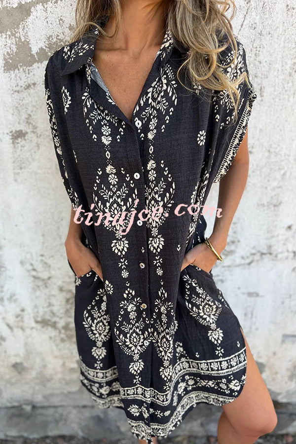 Linen Blend Unique Print Lapel Casual Pocket Mini Dress