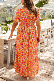 Floral Print V-Neck Short Sleeve Waist Maxi Dress