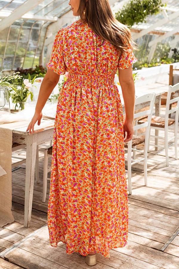 Floral Print V-Neck Short Sleeve Waist Maxi Dress