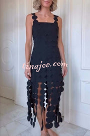 Best Dance Laser Cut Circle Embroidery Square Neck Tassle Trim Midi Dress