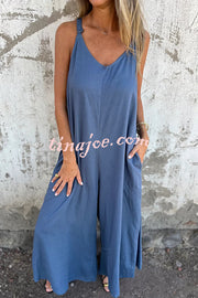 Linen Blend Solid Color Suspenders Loose Pockets Casual Wide-leg Jumpsuit