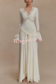 Fashion Lace Splicing Sexy V-neck Long-sleeved Slim Maxi Dress