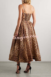 Unleash Your Wild Leopard Rhinestone Trim Back Smocked Midi Dress