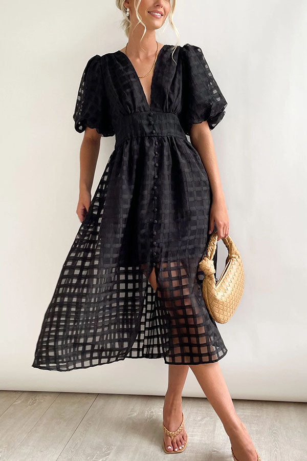 Remarkable Beauty Square Patterned Fabric Puff Sleeve Midi Dress