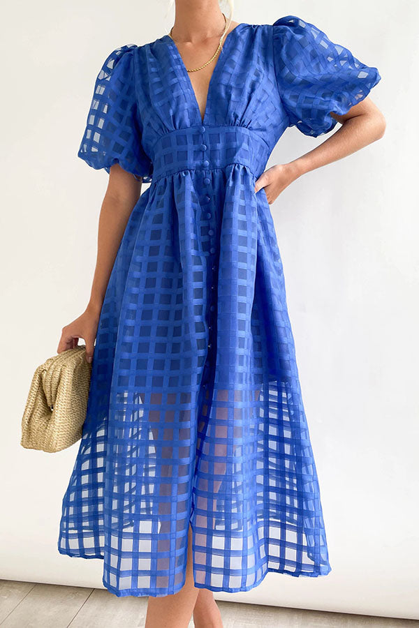 Remarkable Beauty Square Patterned Fabric Puff Sleeve Midi Dress