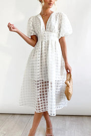 Remarkable Beauty Square Patterned Fabric Puff Sleeve Midi Dress