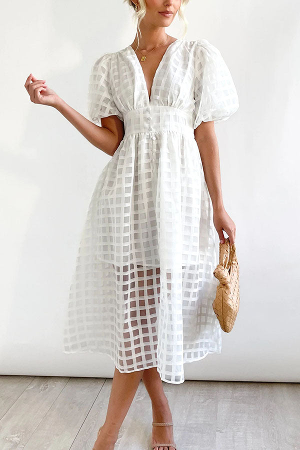 Remarkable Beauty Square Patterned Fabric Puff Sleeve Midi Dress