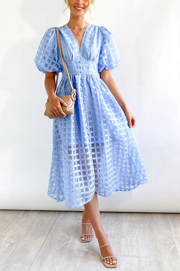 Remarkable Beauty Square Patterned Fabric Puff Sleeve Midi Dress