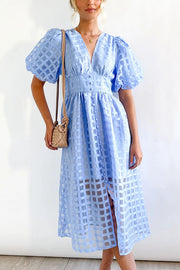 Remarkable Beauty Square Patterned Fabric Puff Sleeve Midi Dress