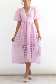 Remarkable Beauty Square Patterned Fabric Puff Sleeve Midi Dress