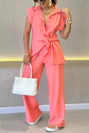 Solid Color Sleeveless Lapel Tie Waist Shirt and Loose Straight Pants Set