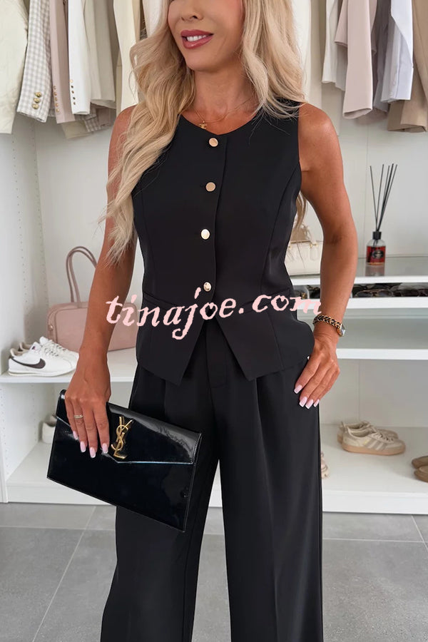 Workplace Chic Sleeveless Button Vest and Relaxed Pocket Wide Leg Pants Set