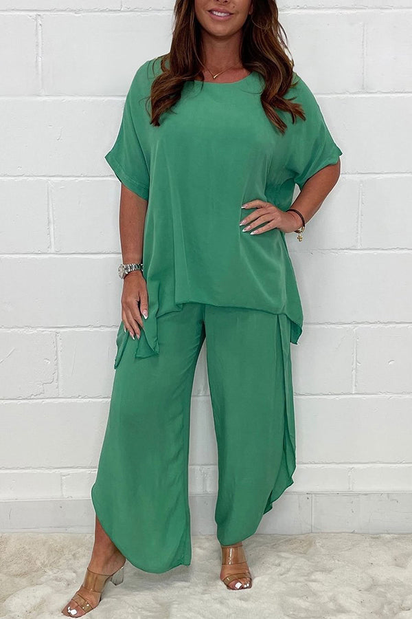 Solid Color Round Neck Short-sleeved Loose Top and Elastic Waist Casual Pants Set