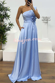 Nasha Satin Pleated One Shoulder Petal Gemstone Detail Pocket Slit Maxi Dress