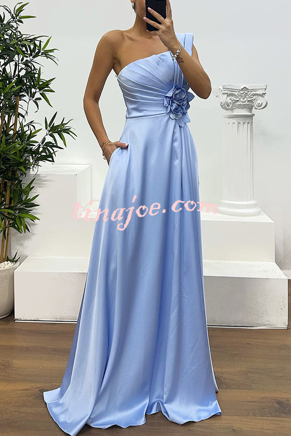Nasha Satin Pleated One Shoulder Petal Gemstone Detail Pocket Slit Maxi Dress