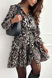 Fashion Leopard Print Long Sleeve Tie Waist Mini Dress