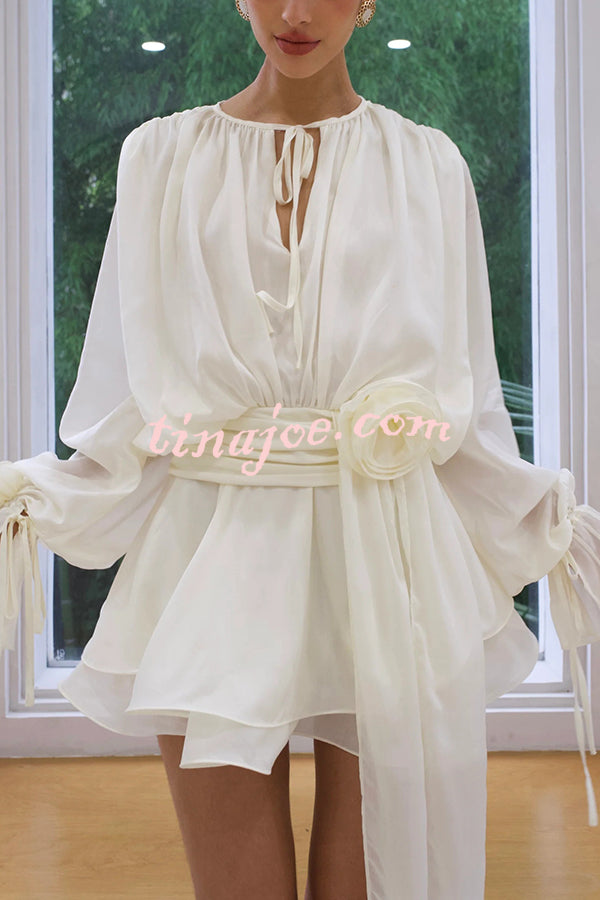 Solid Color Long Sleeve V-Neck Lace-Up Elegant Flower Decorated Mini Dress