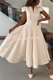 Solid Color V-neck Waist Elegant Full Hem Maxi Dress