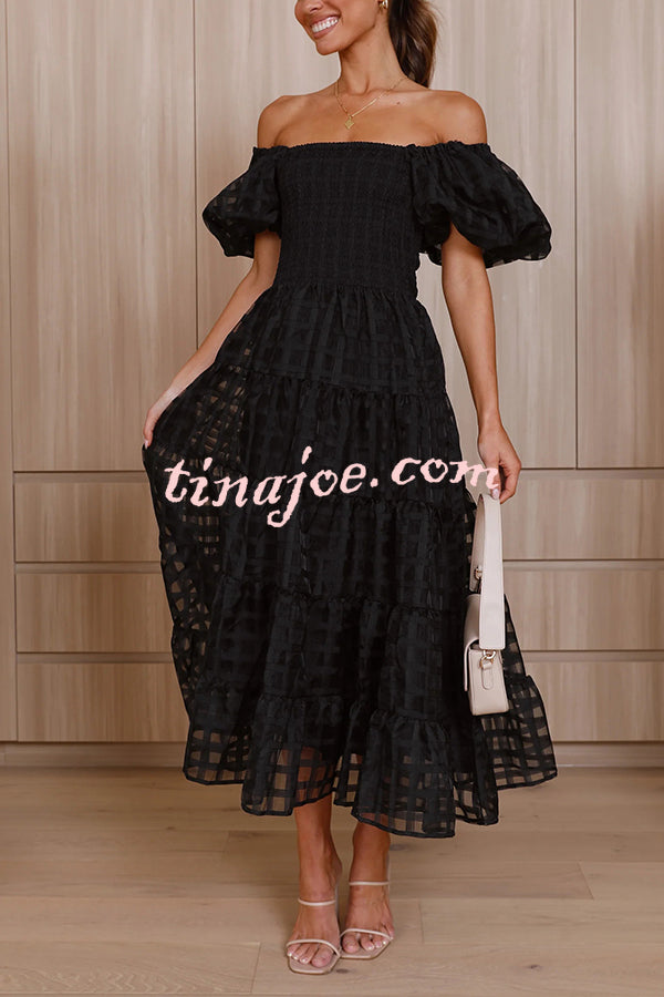 Solid Color Off-shoulder Lantern Sleeve Patchwork Midi Dress