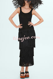 Solid Color Sleeveless Slim Fit Fringed Hem Knitted Midi Dress