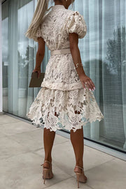 Absolutely Elegant Floral Crochet Lace Puff Sleeve Belted Shirt Midi Dress