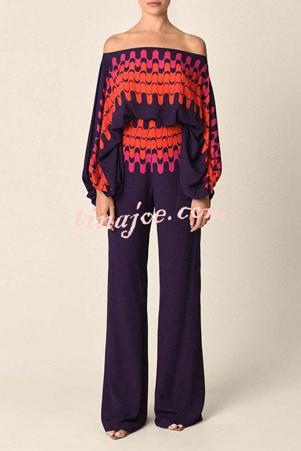 Coco Satin Unique Print Off Shoulder Dolman Sleeve Top and Loose Wide Leg Pants Set