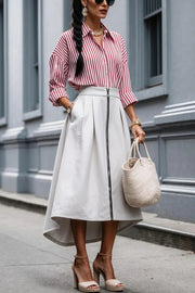Effortless Charm Front Zipper Detail Pocketed High Low Pleated Midi Skirt
