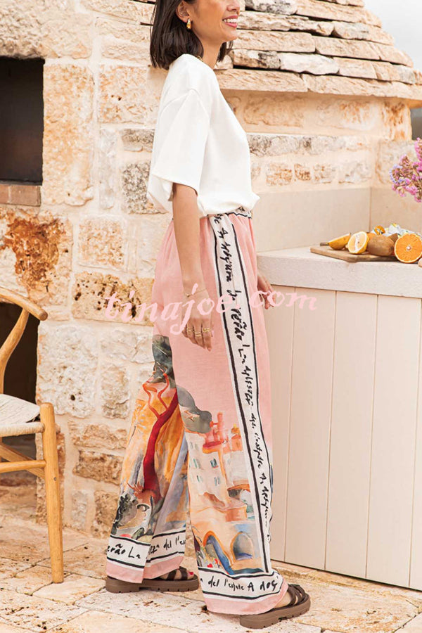 Unique Printed Elastic Waist Vacation Casual Wide Leg Pants
