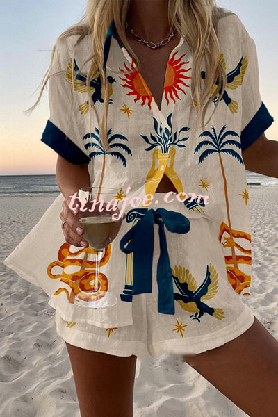 Holiday Print Loose Button Elastic Waist Shorts Set