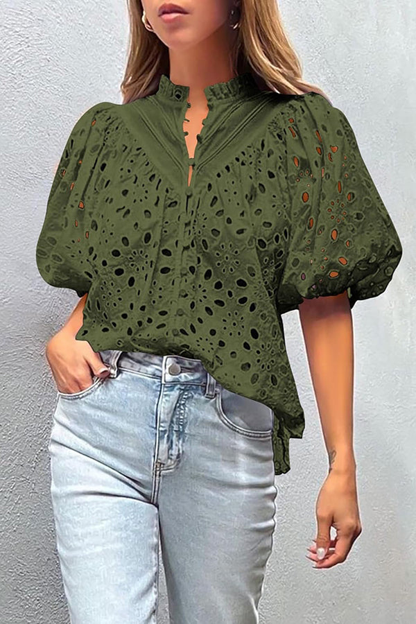 Hollow Embroidered Lace V-neck Buttoned Lantern Sleeve Blouse