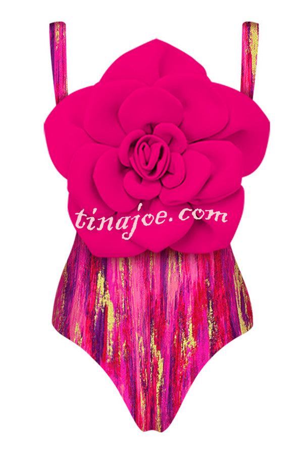 Fashionable Contrast Color Large Flower Stretch One-piece Swimsuit