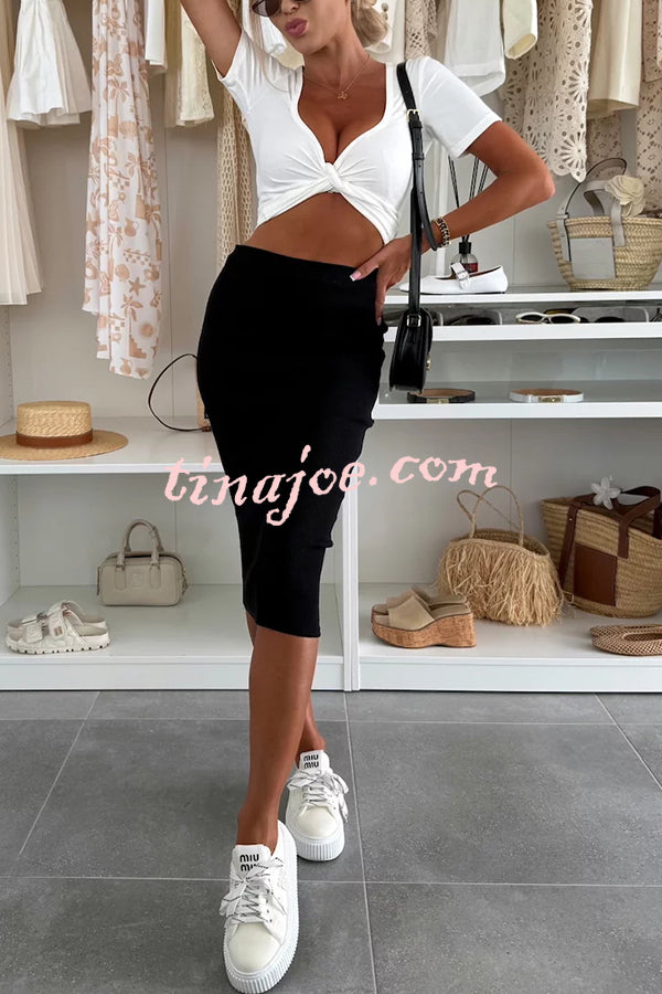 Perfect Basics Ribbed Knit Elastic Waistband Stretch Midi Skirt