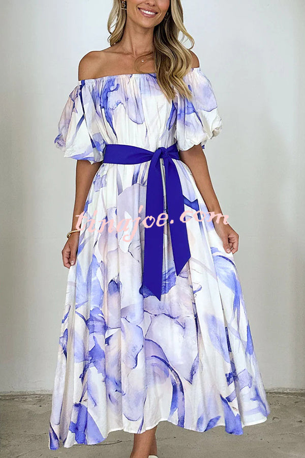 Floral Print Elegant Puff Sleeve Tie-Waist Midi Dress