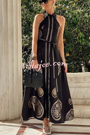 Vacation Calls Unique Print Shirt Neck Sleeveless Tie-up Pocketed Maxi Dress