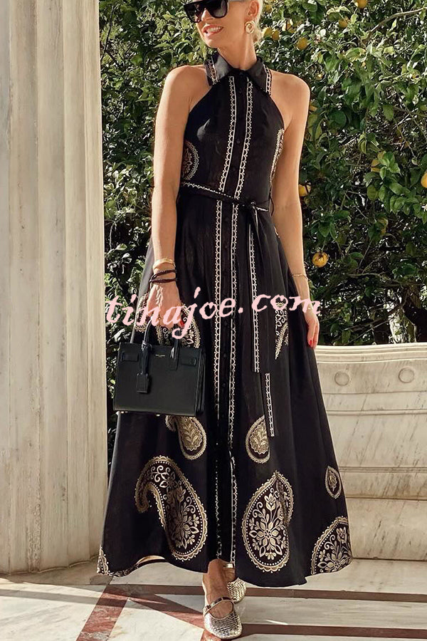 Vacation Calls Unique Print Shirt Neck Sleeveless Tie-up Pocketed Maxi Dress