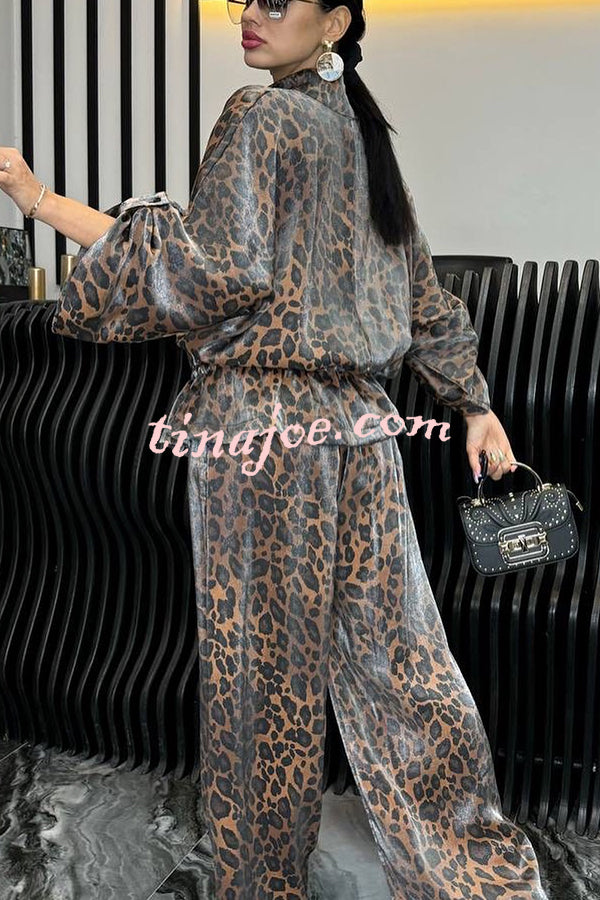 Leopard Print Drawstring Waist Zipper Jacket and Elastic Waist Pocket Loose Pants Set