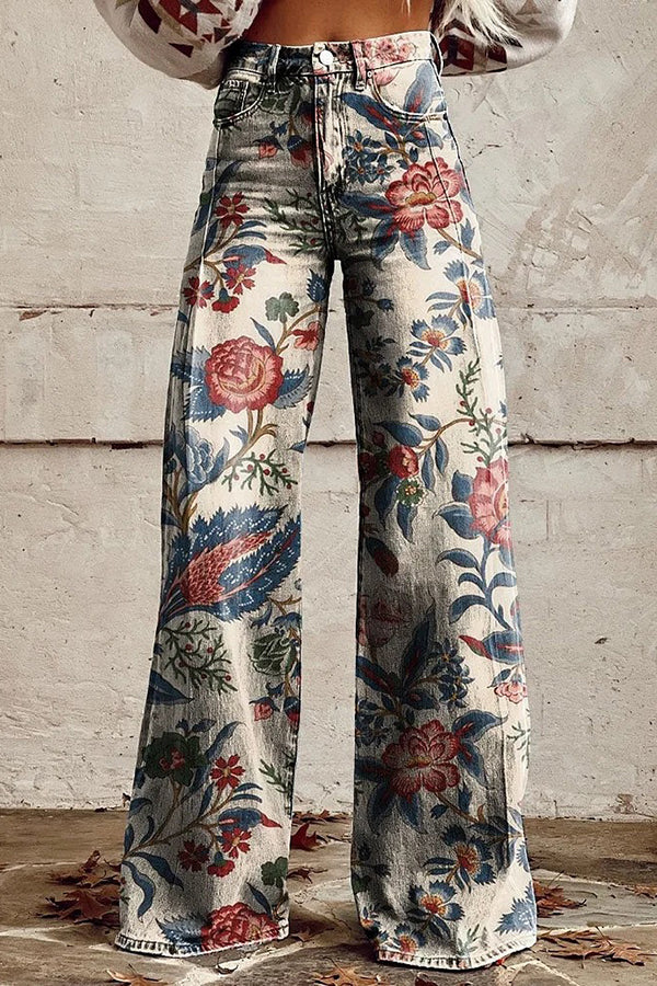 Casual Floral Print Button Pocket Wide Leg Pants