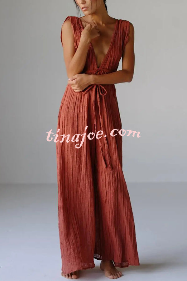 Resort Style V-neck Tie Pleated Casual Jumpsuit