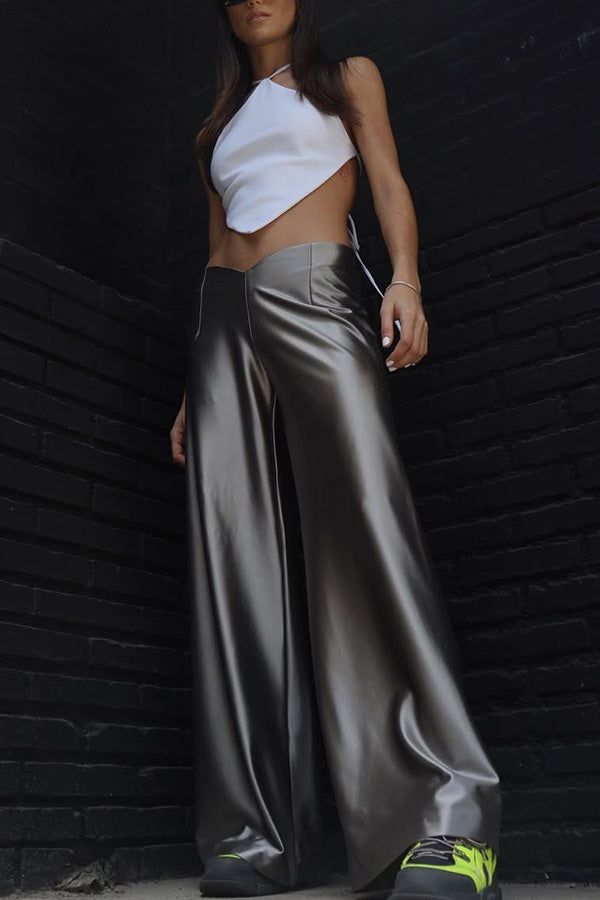 Sexy Halterneck Backless Lace-up and Metallic Wide-leg Pants Set