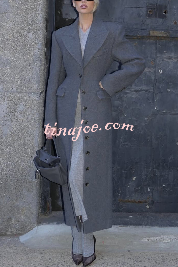 Elegant Lapel Long Sleeve Button High Waist Long Coat