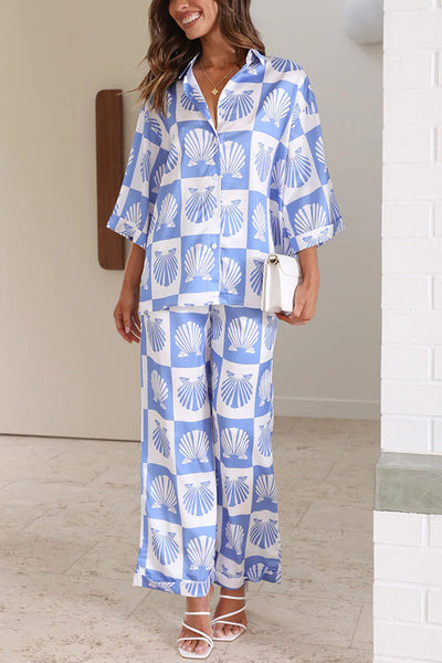 Ocean Legend Satin Shell Print Button Up Shirt and Elastic Waist Pants Set