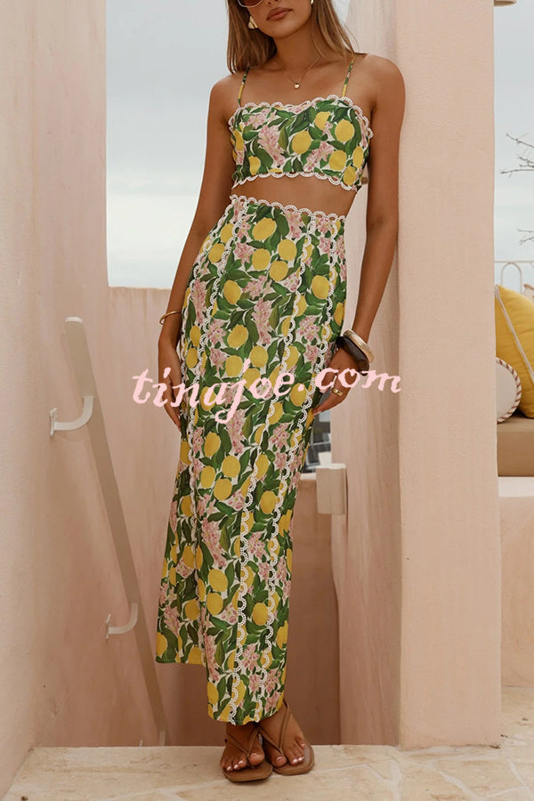 Linen Blend Summer Fruit Print Camisole Top and Elegant Lace Back Slit Maxi Skirt Set