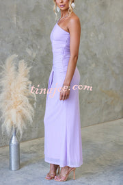 Solid Color Elegant Mesh One Shoulder Sexy Waist Hollow Out Maxi Dress