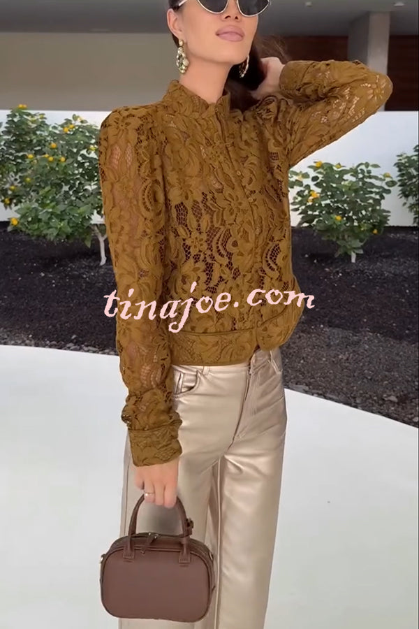 Palace Style Crochet Flower Lace Stand Neck Button Puff Sleeve Jacket
