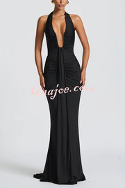 Solid Color Elegant Halterneck V-neck Open Back Tie Gathered Maxi Dress