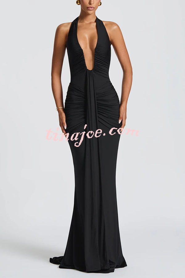 Solid Color Elegant Halterneck V-neck Open Back Tie Gathered Maxi Dress
