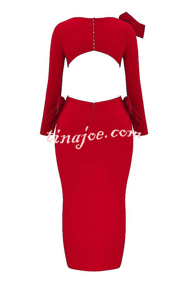 Lovely Bow Cutout Button Back Zipper Long Sleeve Maxi Dress