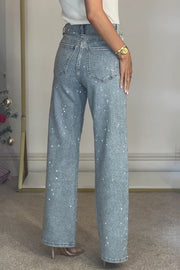 Fashionable Rhinestone High Waist Casual Pocket Straight Jeans