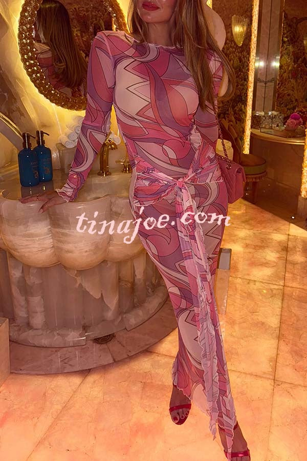 Nessie Mesh Unique Print Tie-up Waist Long Sleeve Stretch See-Through Maxi Dress