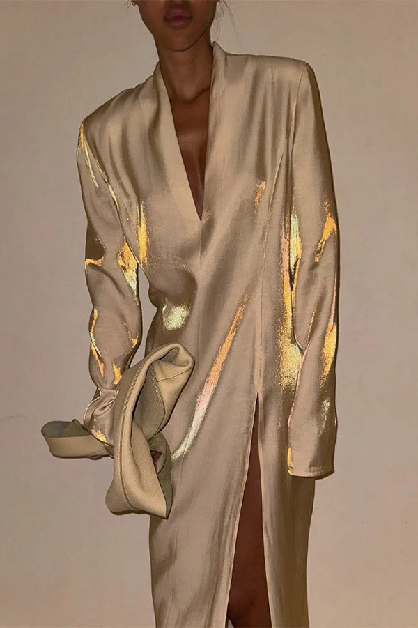 Solid Color Glossy V-neck Long Sleeve Casual Slit Maxi Dress